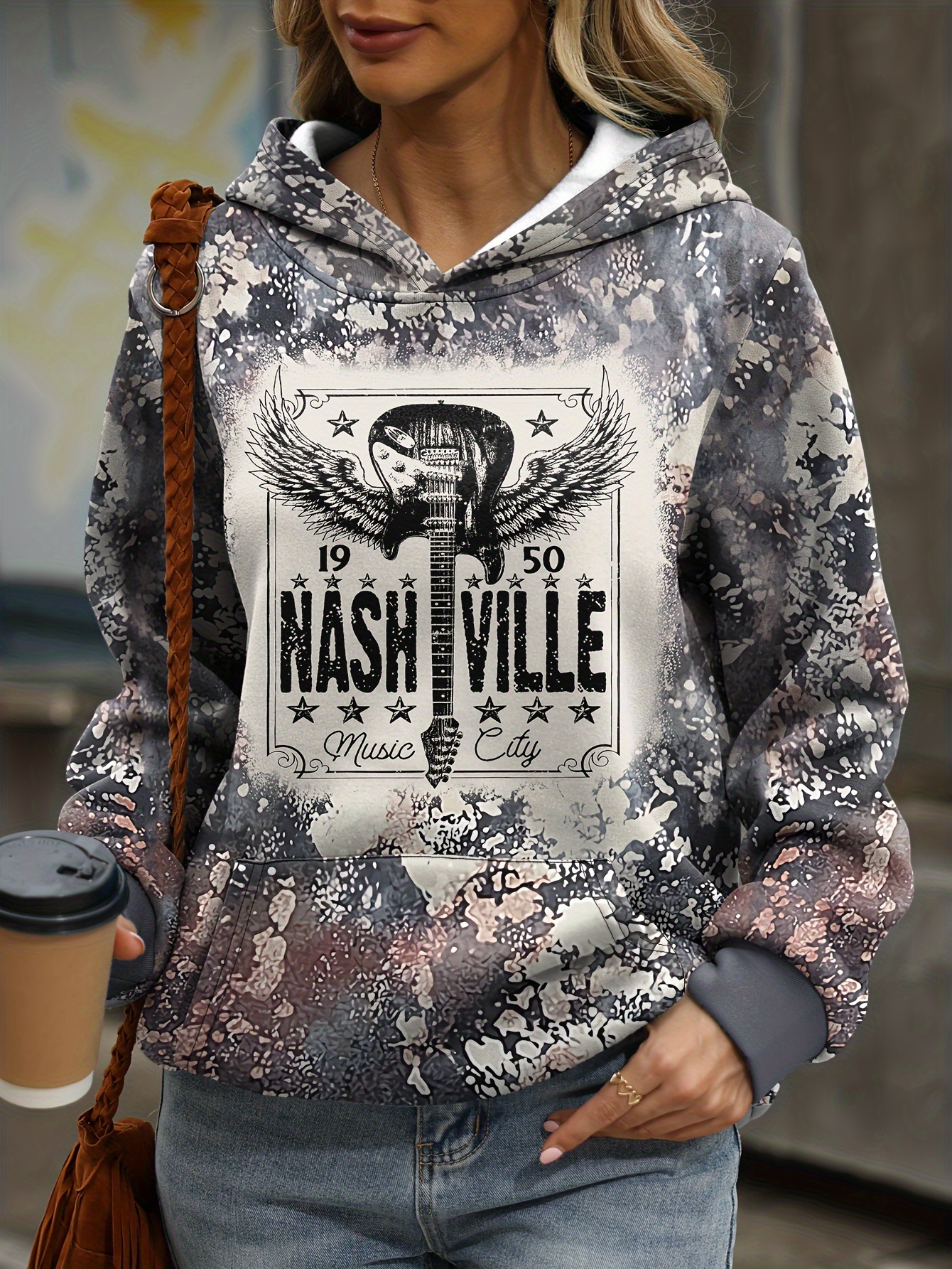 Plus Size Casual Sweatshirt Women s Plus Tie Dye Nashville Print Long Sleeve Slight Stretch Hoodie With Giant Pocket