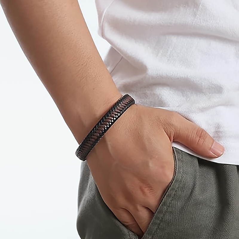 Layered Leather Cuff Bracelet for Men Women with Magnetic Clasp