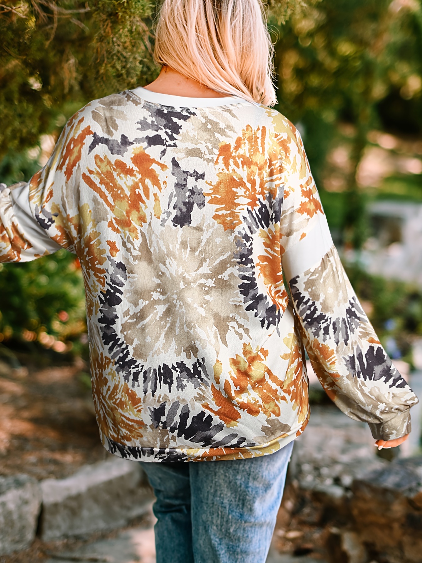 Plus Size Tie Dye Print Long Sleeve V Neck Sweatshirt, Women's Plus Pullover  Casual Sweatshirt - Temu