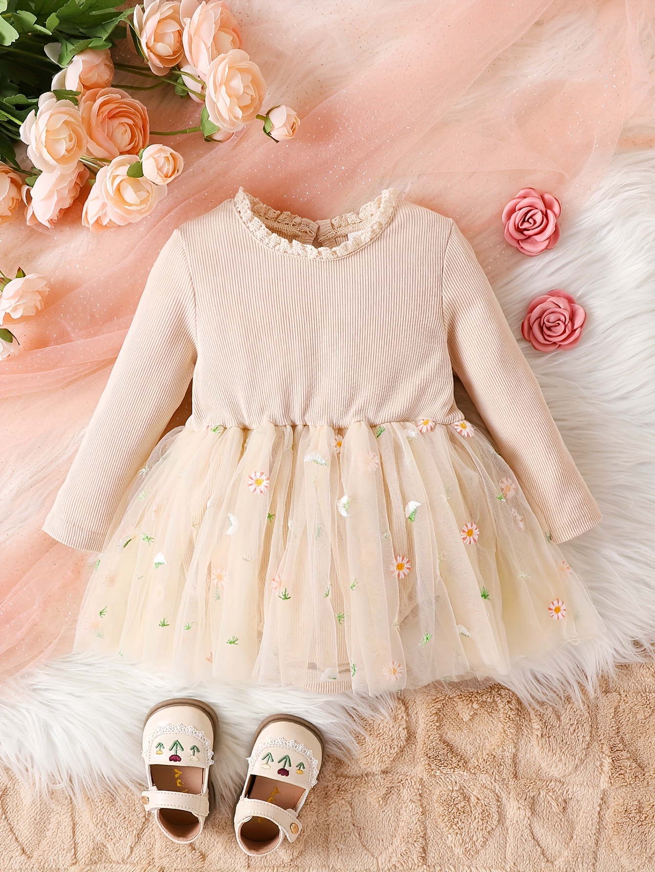 Elegant Cotton Dress Flower Embroidery Girls Flutter Sleeve - Temu