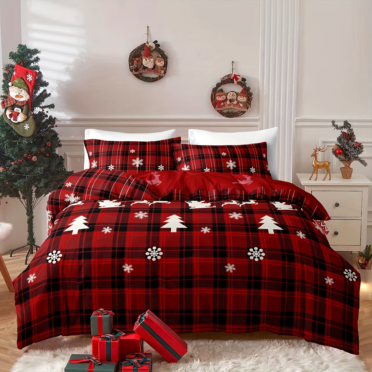 

3pcs Christmas Duvet Cover Set, Checkered Xmas Tree Elk Snowflake Print Bedding Set, Soft Comfortable Duvet Cover, For Bedroom, Guest Room (1*duvet Cover + 2*pillowcase, Without Core)