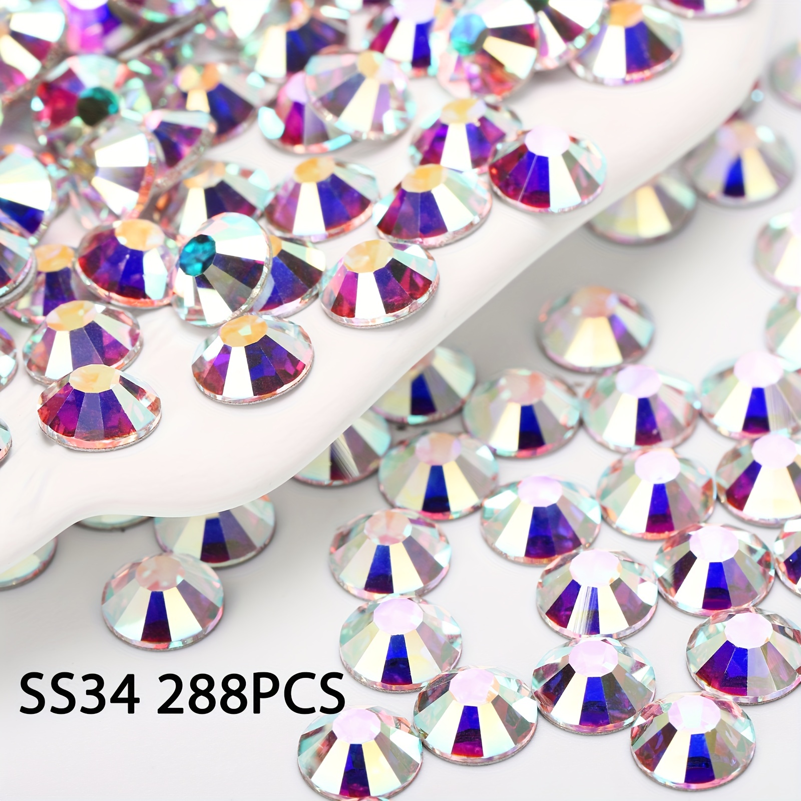 SS3-SS34 Crystal White AB Rhinestones Flatback Glass Stones 3D Nail Art  Garment Decoration Color: 27 Crystal AB, Size: SS5 1440PCS