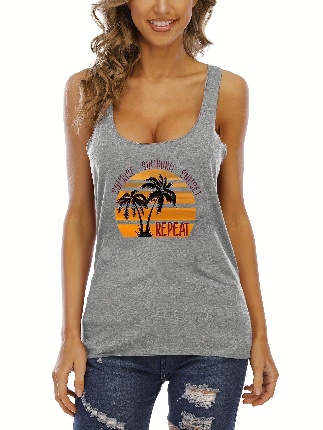 Coconut Tree Letter Print Tank Top Casual Sleeveless Tank - Temu