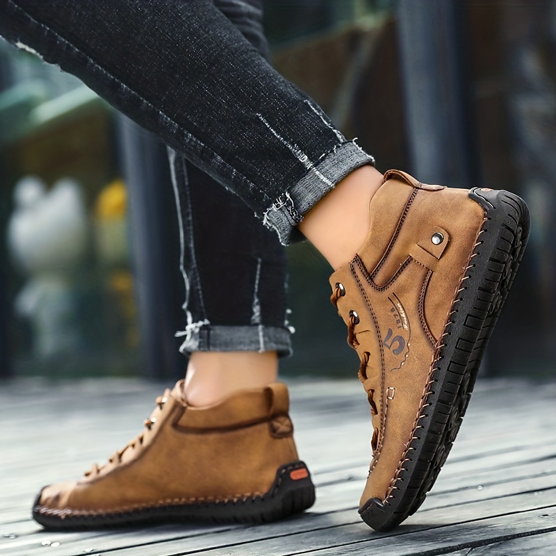 Mens Microfiber Leather Boots Handmade Stitching Outdoor Casual Shoes Free Shipping On Items Shipped From Temu Temu