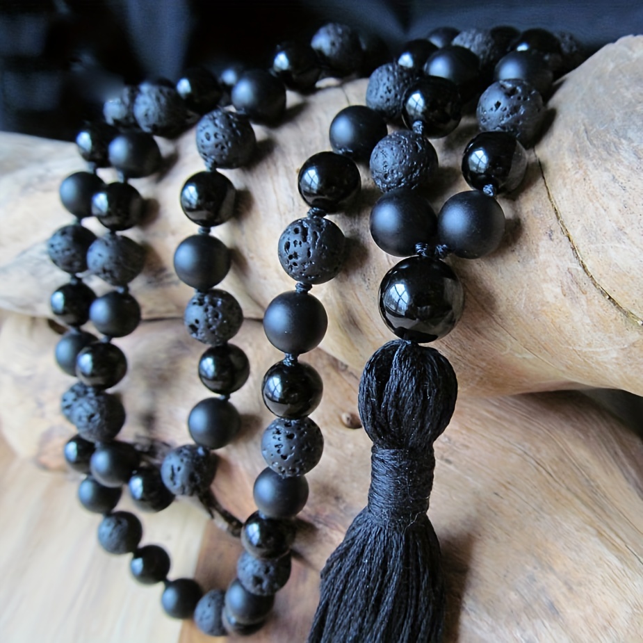 

1pc 108 Bead Mala Necklace, Black Onyx And Lava Necklace, Tassel Necklaces Jewelry, Prayer Beads Necklaces Black Mala Beads For Men And Women