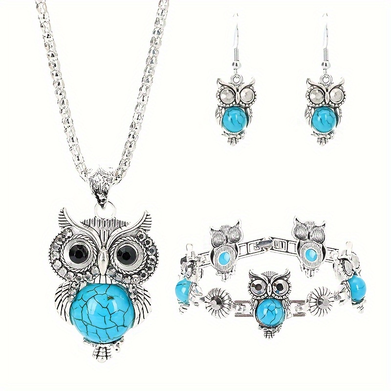 

1 Pair Of Earrings + 1 Necklace + 1 Bracelet Boho Style Jewelry Set Retro Owl Design Inlaid Turquoise Pick A Color U Prefer