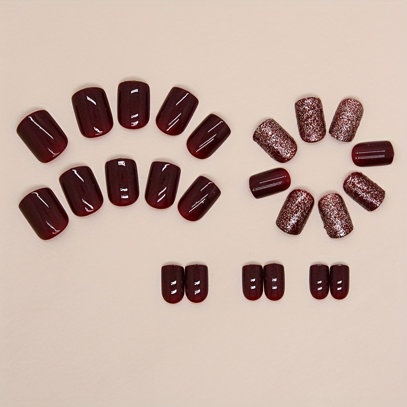 Glossy Short Square Fake Nails, Dark Red Press On Nails With Bling ...