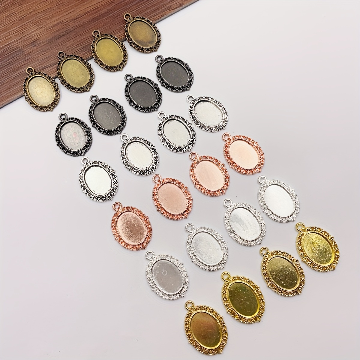 

24pcs (6colors) 10x14mm Mix Colors Zinc Alloy Blank Pendant Tray Vintage Edged Pendant Cabochon Open Bezel Setting For Diy Jewelry Making