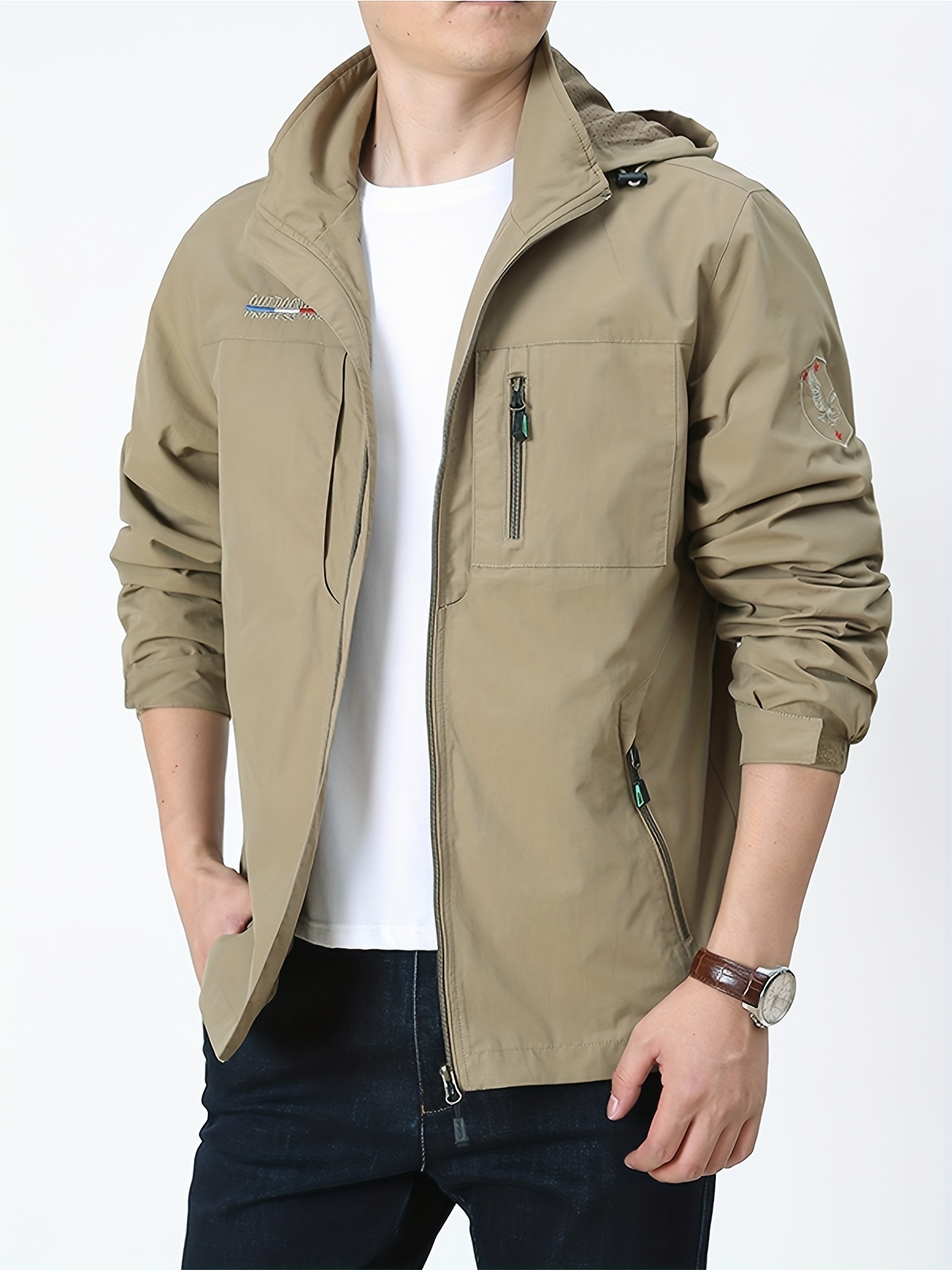 Classic Design Detachable Hooded Jacket, Men's Casual Letter Embroidery  Nylon Zipper Pockets Jacket Coat