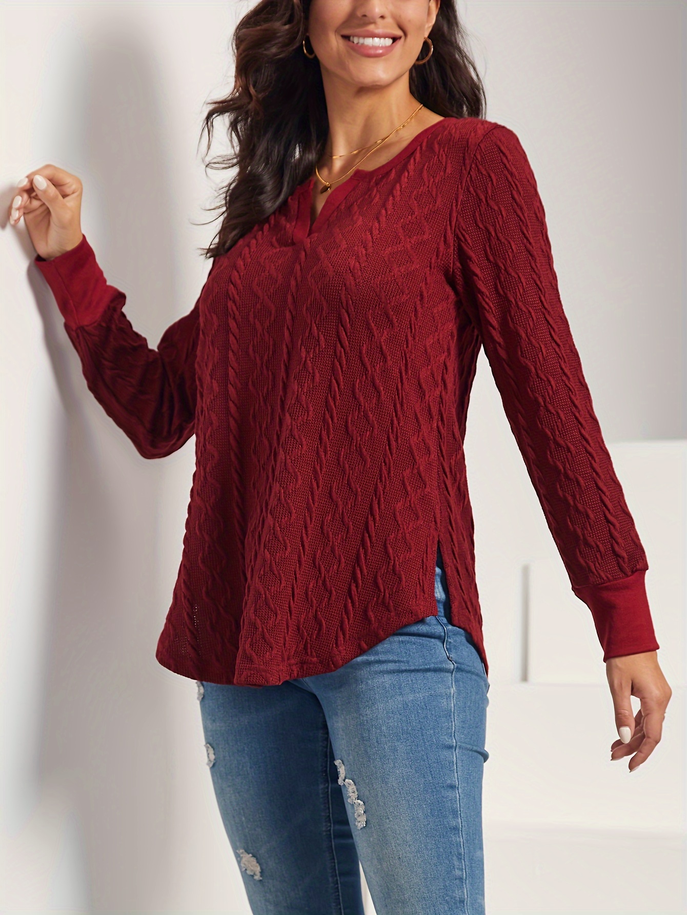 Cable Knit Solid Two piece Set Crew Neck Long Sleeve Tops - Temu