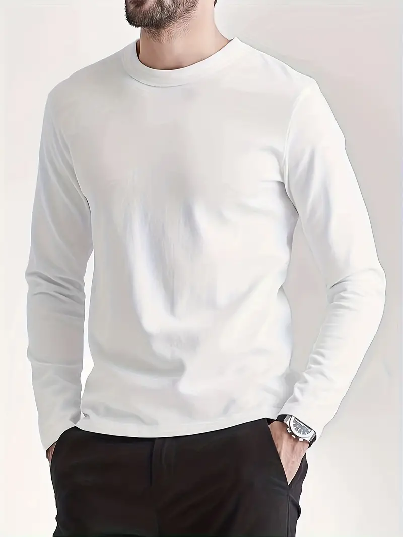 Simple Stylish Men's Solid Long-sleeved Crew Neck T-shirt For Spring Fall