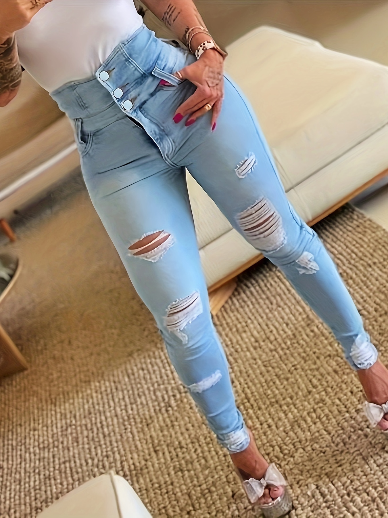 Plus Size Casual Jeans Women's Plus Solid Distressed Button - Temu