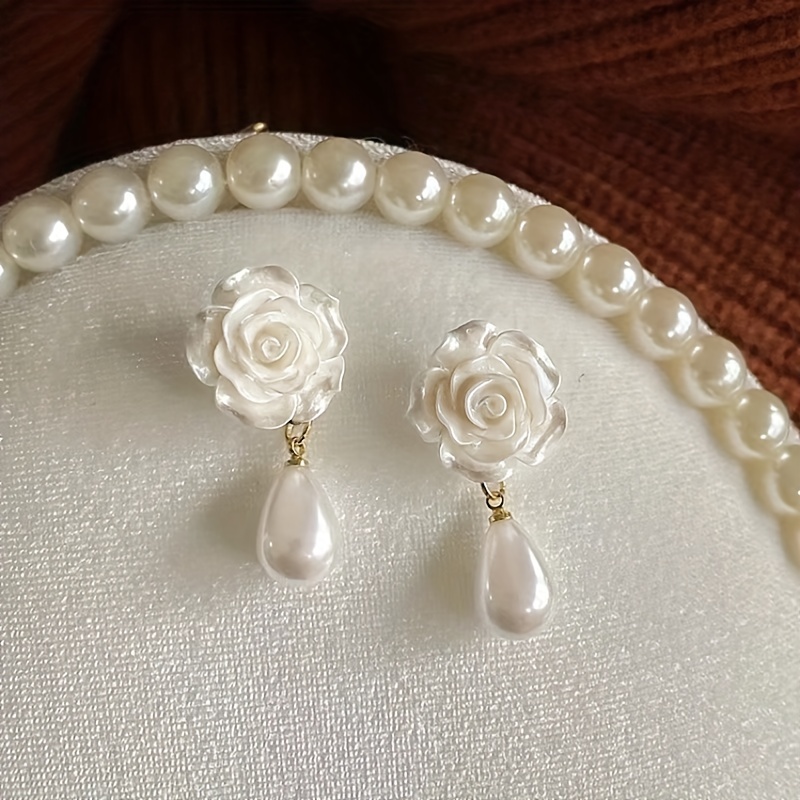 Elegant Flower Shape Faux Pearl Earrings For Women Girls Wedding Bridesmaid  Accessories