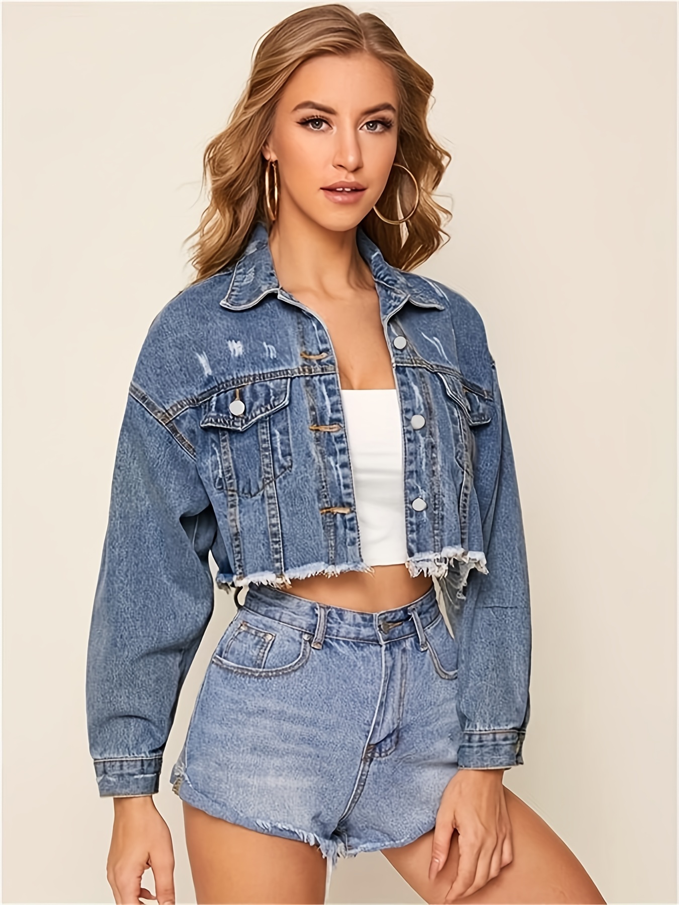 Dark Blue Washed Denim Jackets, Short Sleeves Non-stretch Flap Pockets  Lapel Crop Denim Coats, Women's Denim Clothing - Temu