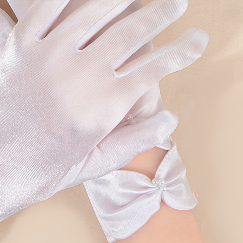 White Satin Bowknot Gloves Faux Pearl Decor Stylish Gloves Wedding
