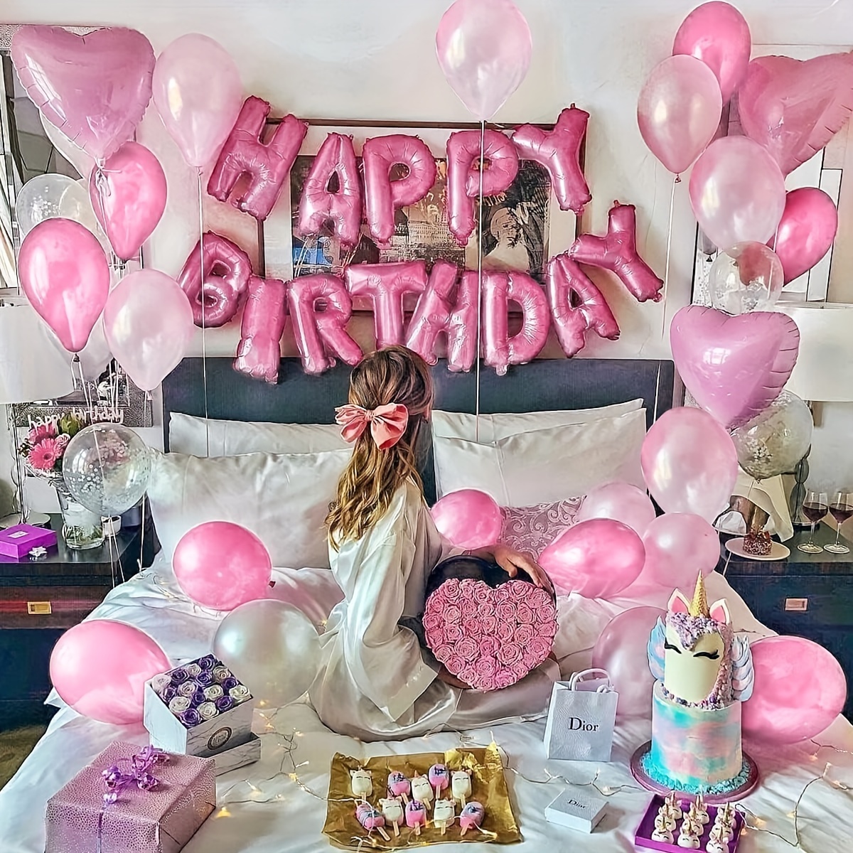 Decorazione Per Il Compleanno Palloncini Rosa Compleanno Ghirlanda Rosa E  Cuore In Foglia Di Elio Bianco Rosa Set Di Decorazioni Per Feste Con  Palloncini A Confetti Buon Compleanno Decorazione Per Feste 