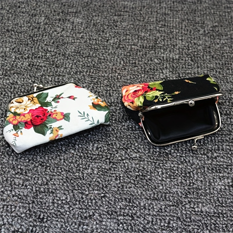 Canvas Rose Mini Coin Purse Vintage Pouch Buckle Change Bag Kiss-Lock Clasp  Small Retro Wallet Floral Pattern for Women Girl - by Viemira 