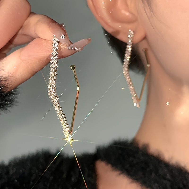 

Sparkling Hollow Rhombus Design Hoop Earrings Copper Jewelry Embellished With Rhinestones Elegant Luxury Style Party Earrings