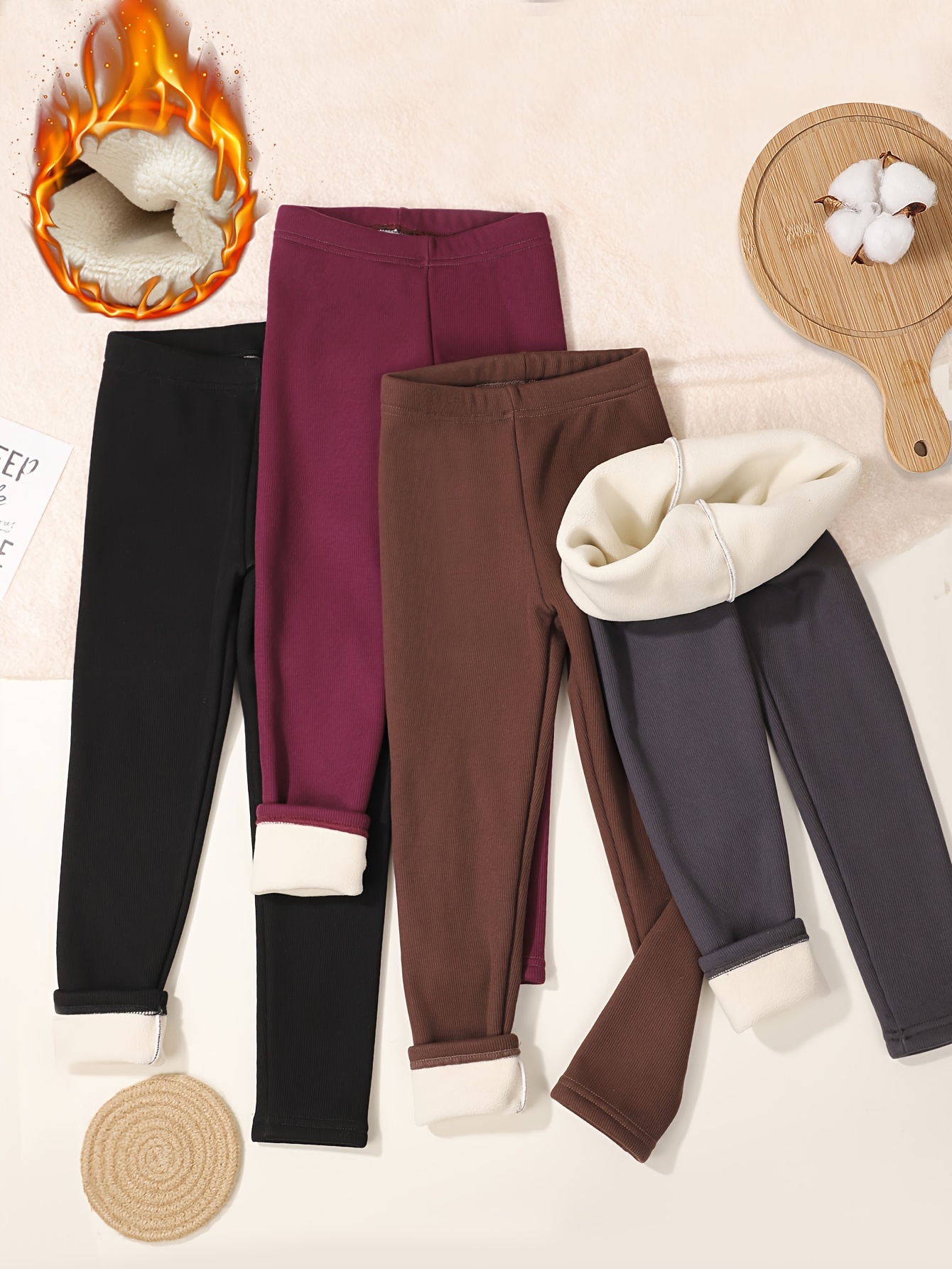 4pcs Girls Solid Thick Thermal Leggings Casual Winter Girls Pants