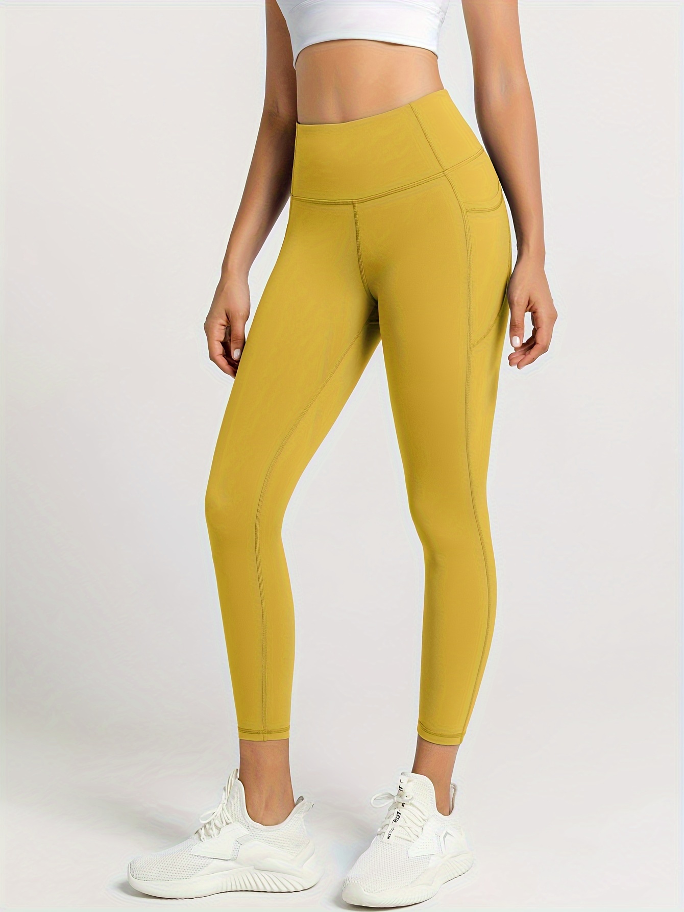 Solid Color Quick Drying High Stretch Sports Leggings Pocket - Temu