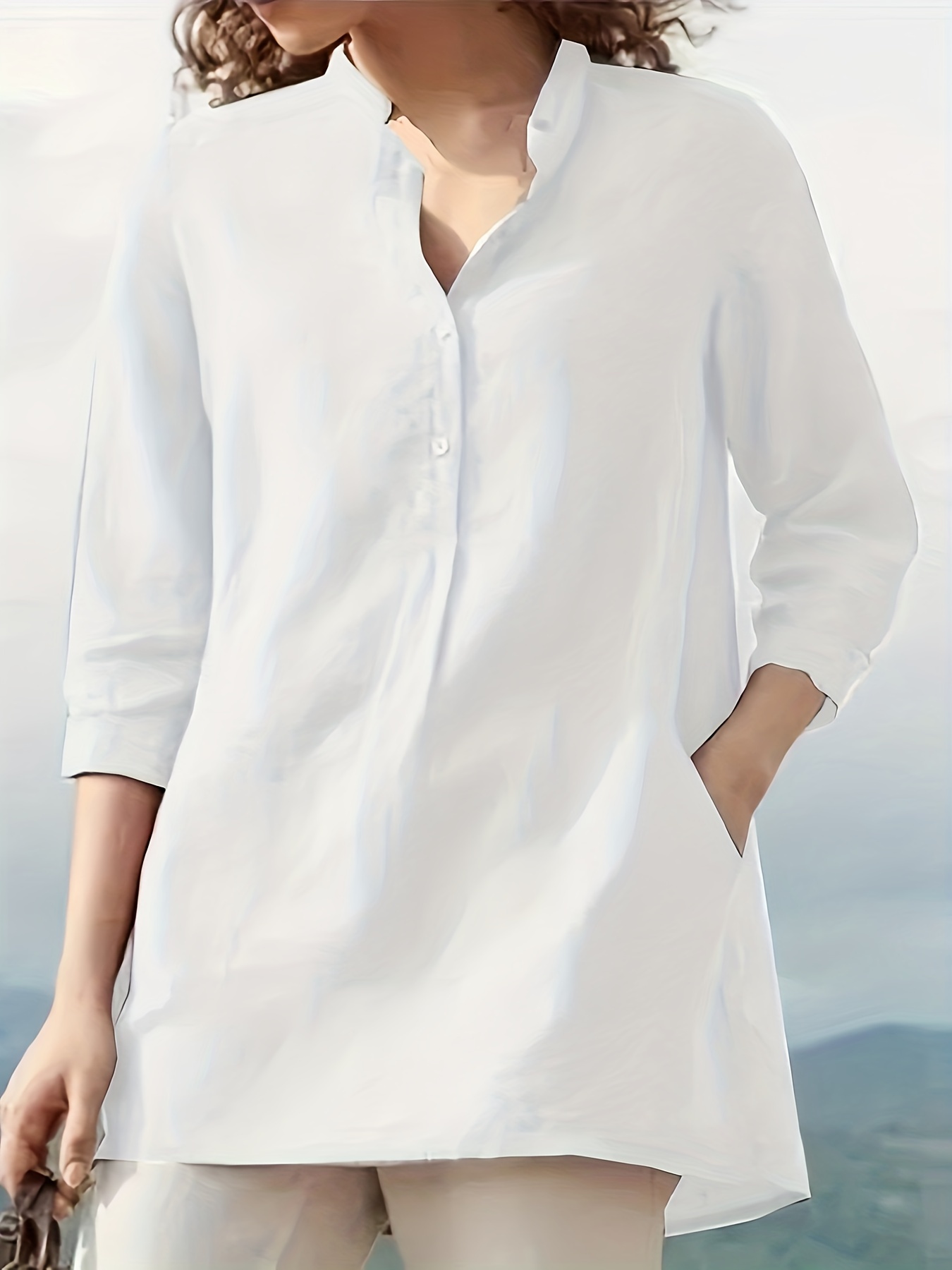 Plus Size Button Front Pocket Tunic Shirt - White