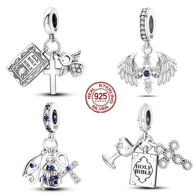 925 Sterling Silver Angel Wings Cross Dangle Charms Pendant - Temu