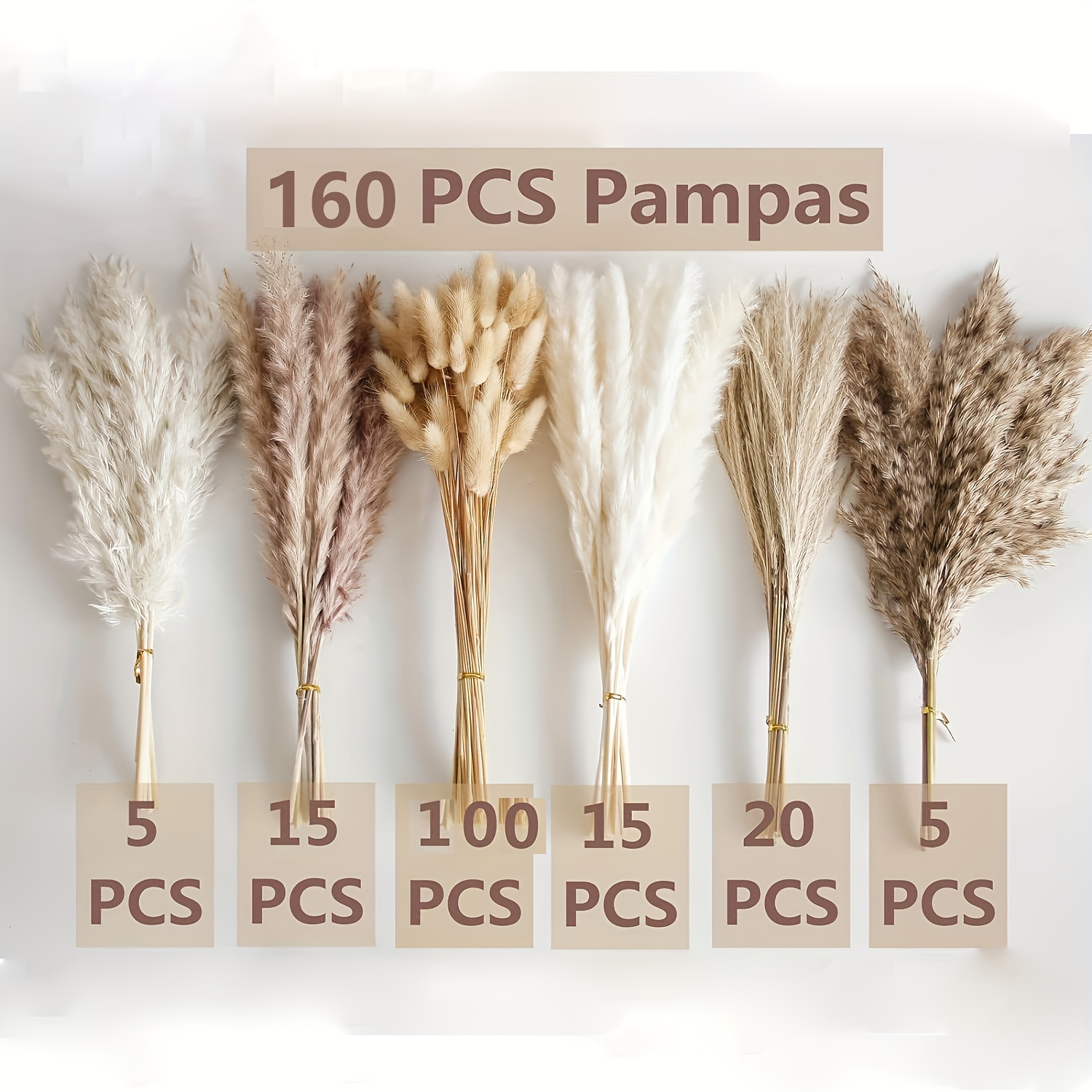 160pcs Dried Pampas Grass Decor, Carefully Hand-Picked Fluffy Reed Dried Flowers, Bouquet For Wedding Floral Arrangements Home Decorations Spring Wedding, Valentine's Day (It Has Been Processed And Poses No Pest Risk)
