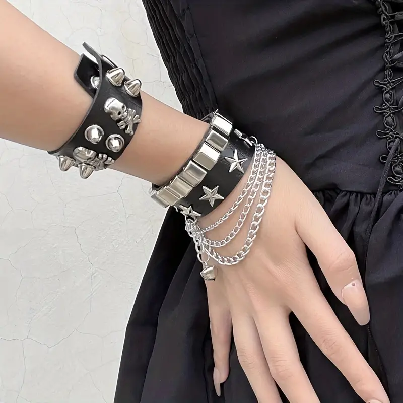 Personality Punk Style PU Lather Chunky Bangle Bracelet Y2K Style Hand Jewelry, Jewels,Temu