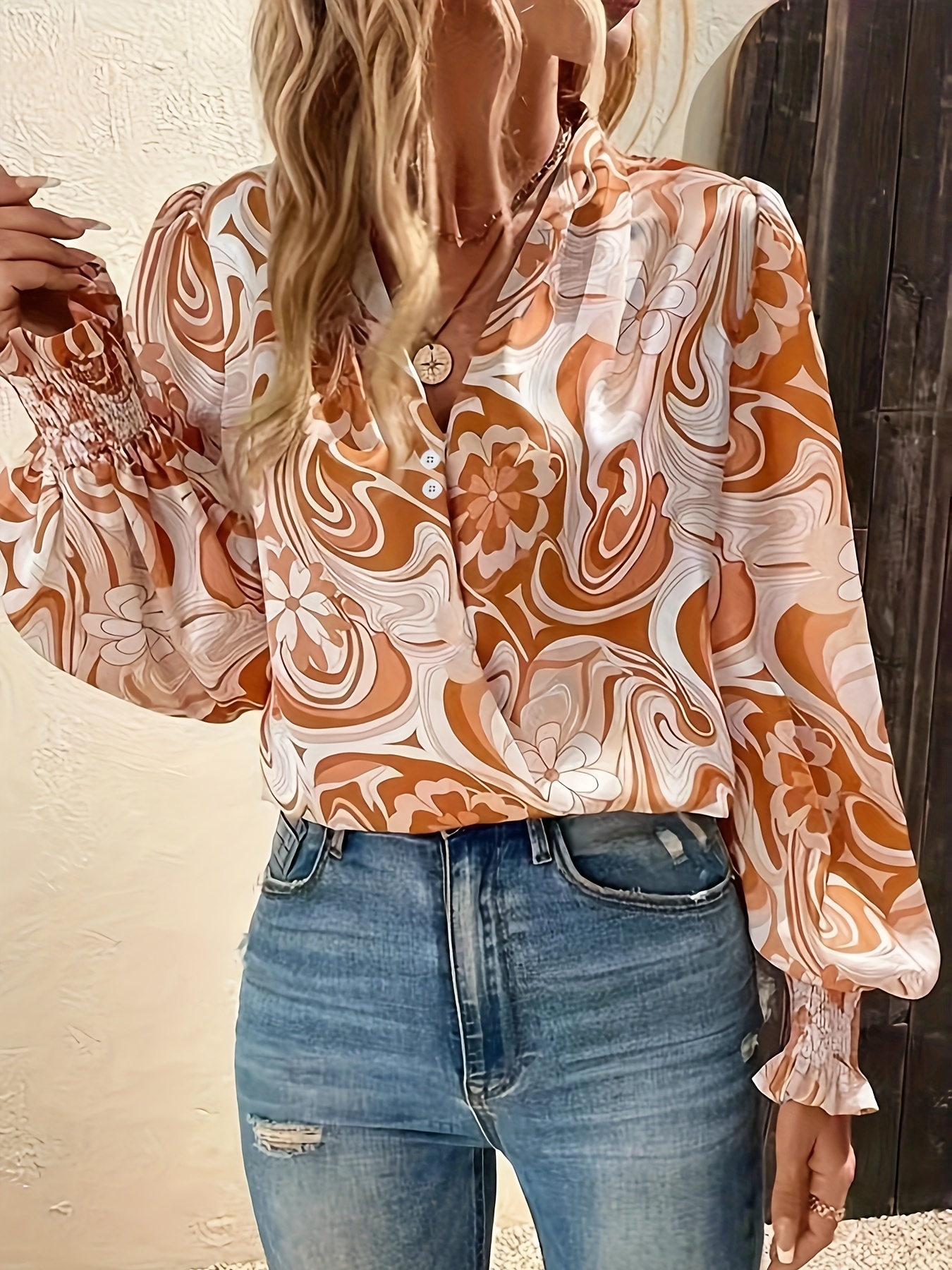 Plus Orange Wrap Over Floral Blouse, Women's Blouses