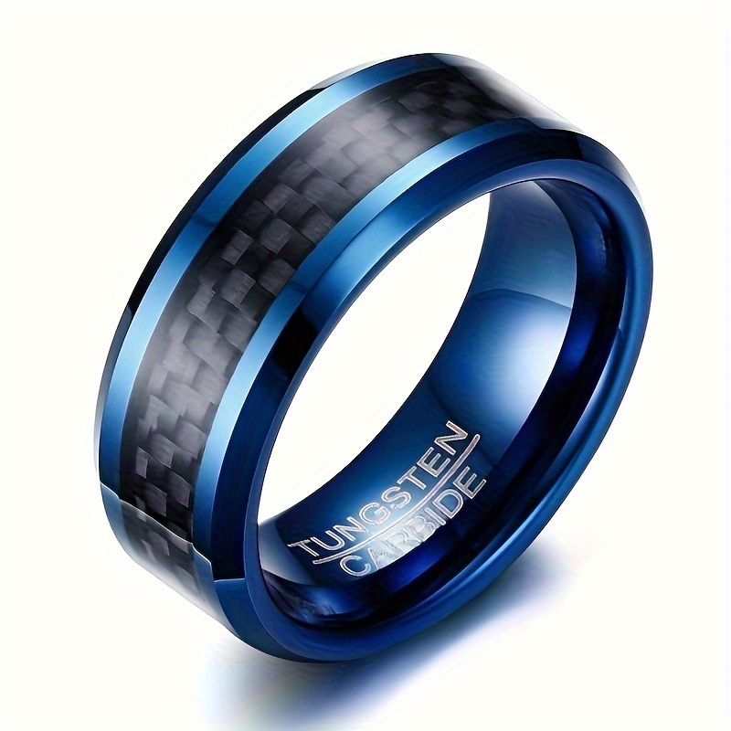 Anillos de acero inoxidable para hombre de 0.315 in, color azul, rojo, arco  iris, anillo biselado, borde biselado, anillo de fibra de carbono, joyería