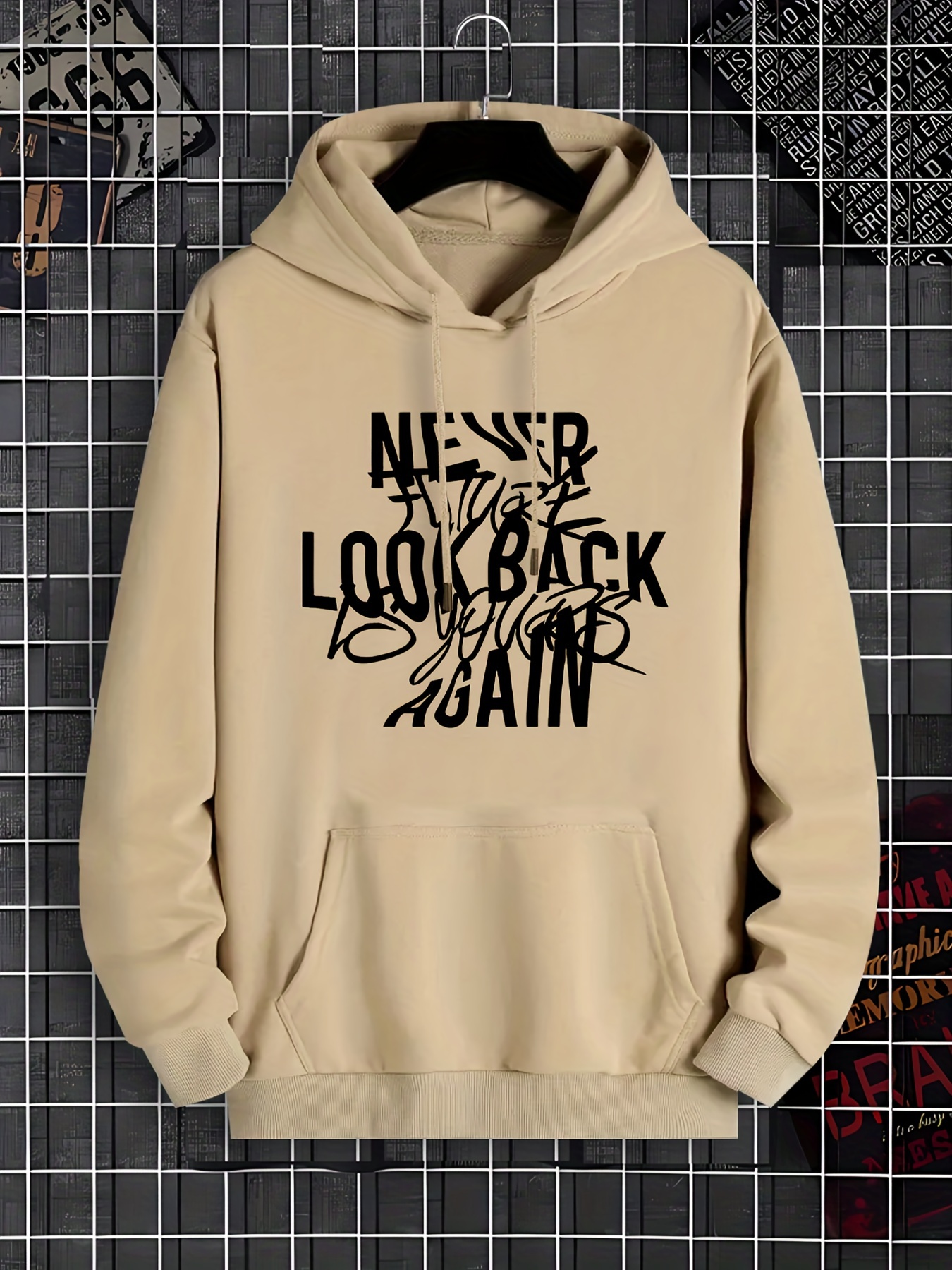 Letter Graphic Print Kangaroo Pocket Hoodie, Men's Casual Hooded Sweatshirt Hoodie,Temu