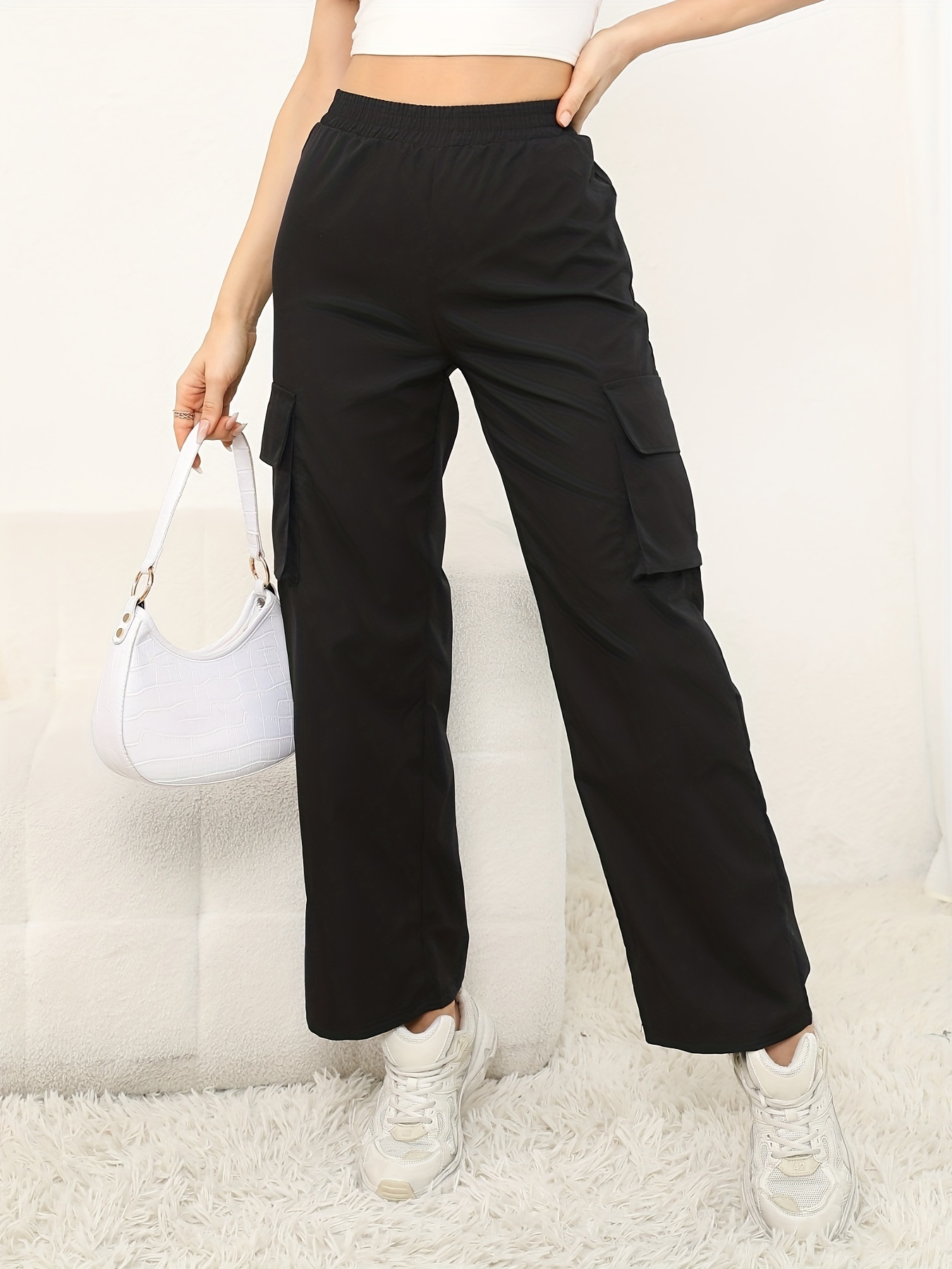 Solid Color Flap Pockets Straight Legs Trouser High Waist - Temu