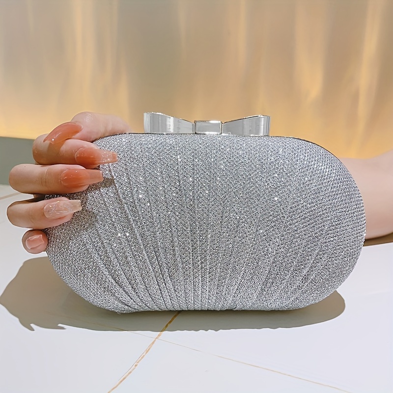 Glitter Bow Knot Clutch Bag Metal Chain Handbag