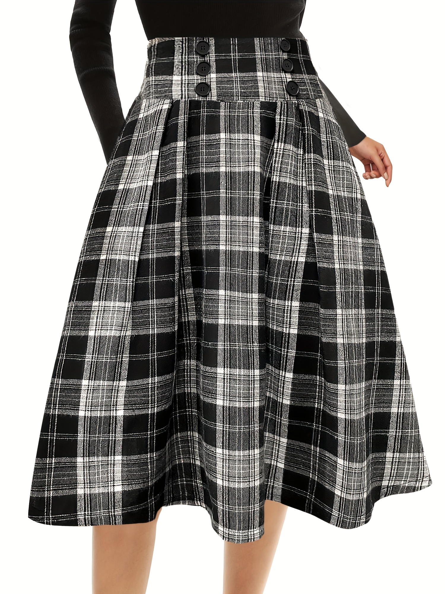 Plaid Print High Waist Button Skirt Elegant A Line Flare - Temu