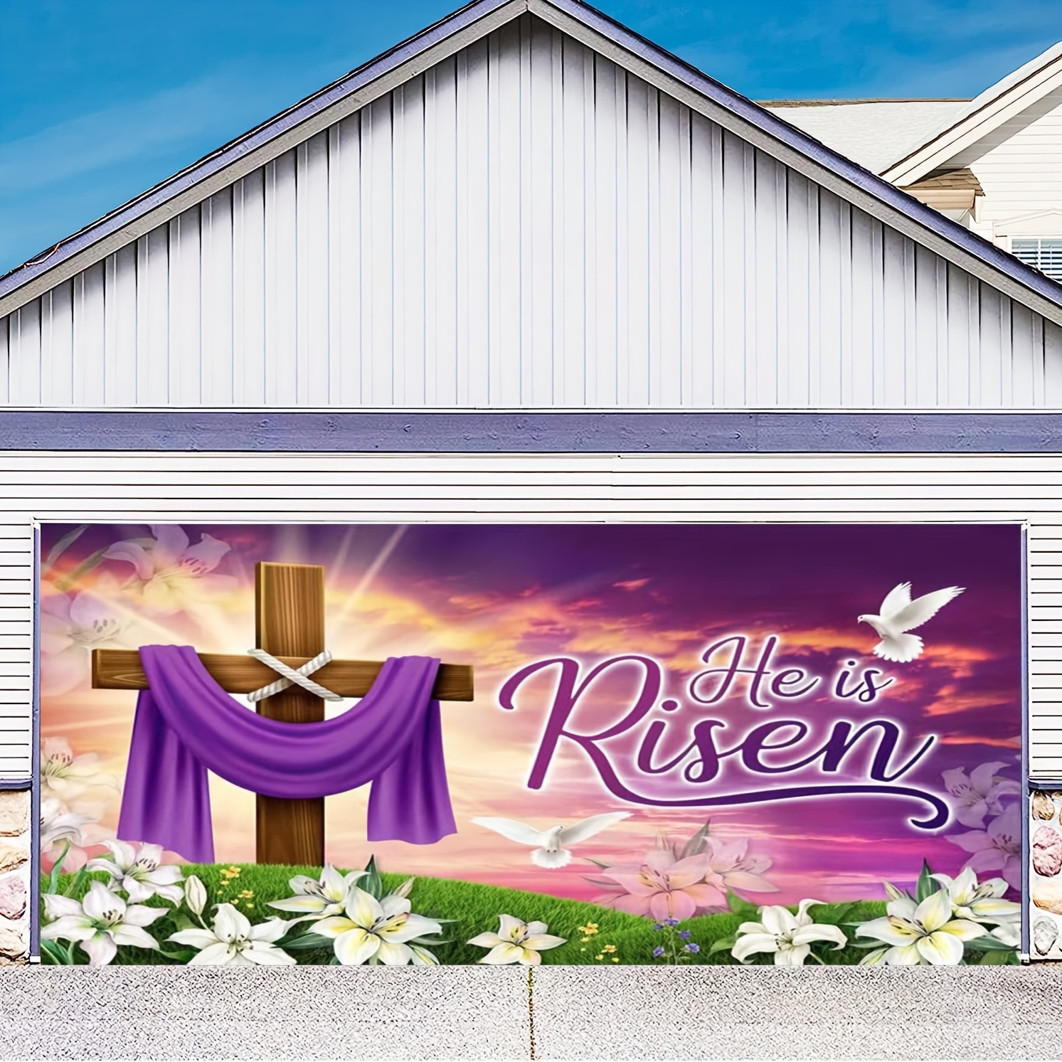 Fabric He Is Risen Easter Backdrop Spring Christian Cross Lily