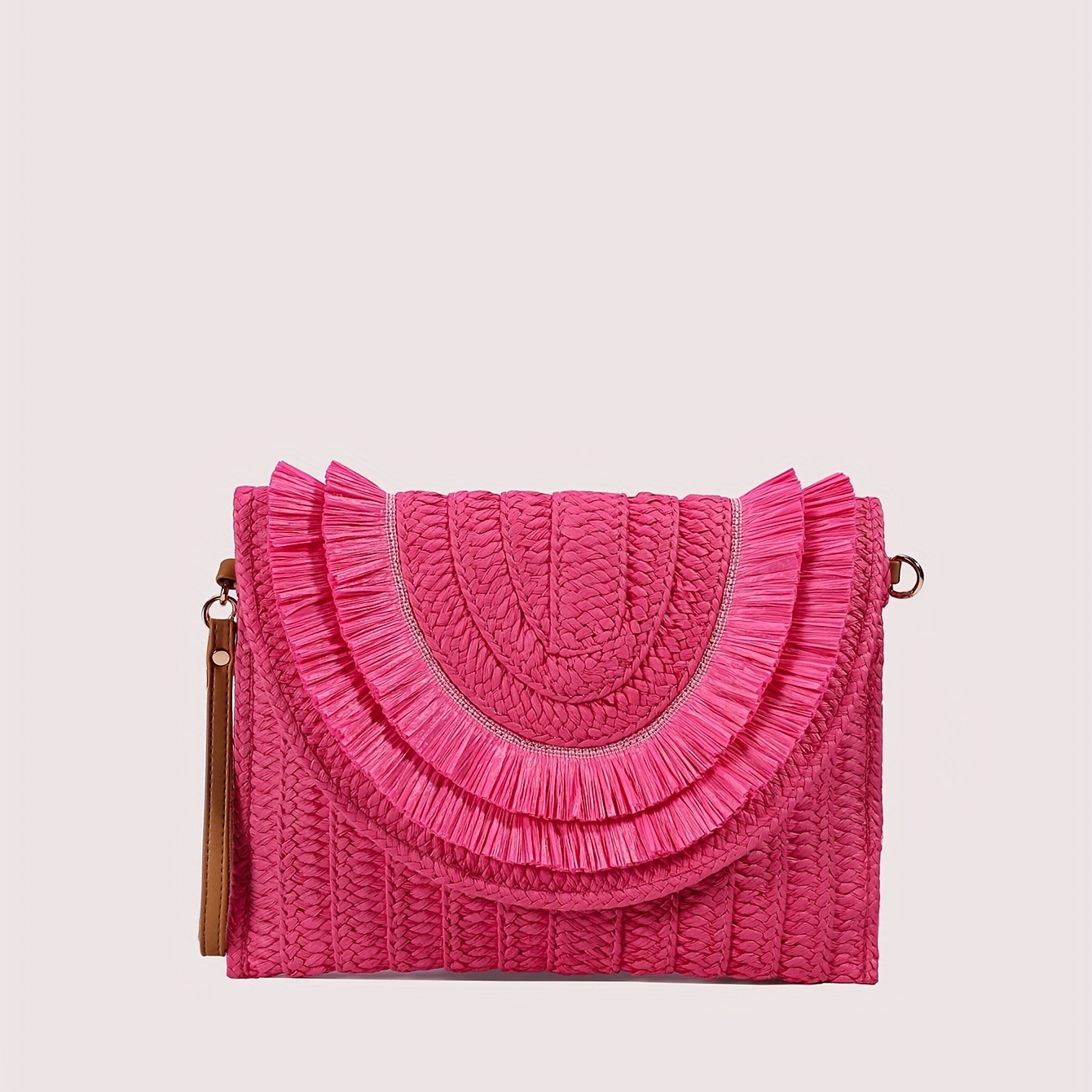

Fringe Woven Straw Clutch Bag, Flap Magnet Versatile Handbag, Solid Color Weaving Trendy Purse Wristlet Bag