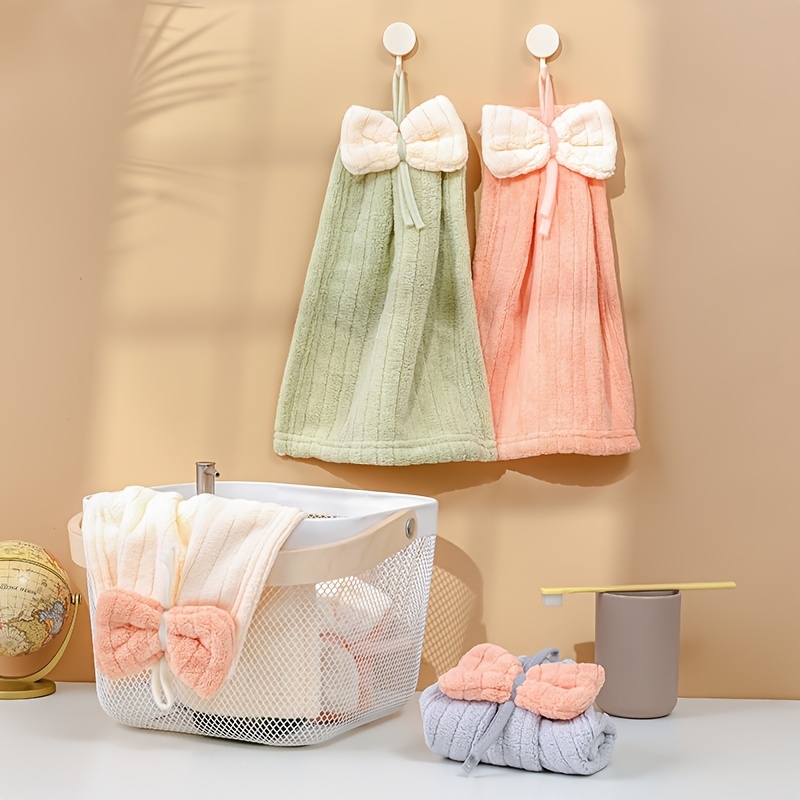 4 Pcs Hanging Hand Towels with Hanging Loop Absorbent Coral Fleece