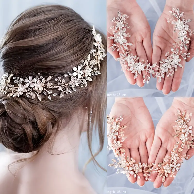 Wedding Pearl Bridal Wreath ,Flower Headband Bride Hair Vines Headwear Hair Jewelry,Golden/Silver Leaf Tiara ,Silver Rhinestone Handmade Tiara,Temu