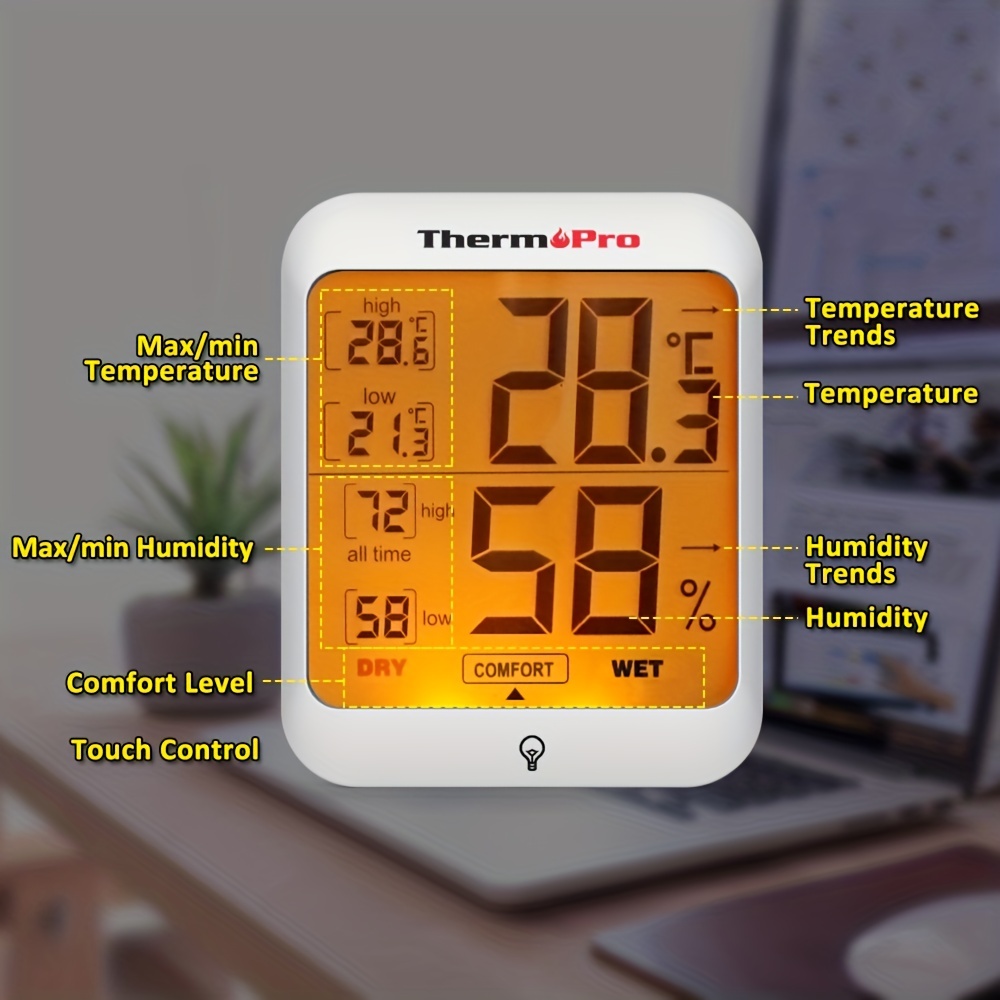 ThermoPro TP-53 Indoor Hygrometer Humidity Gauge Indicator Digital  Thermometer Room Temperature and Humidity Monitor with Touch Backlight in  White
