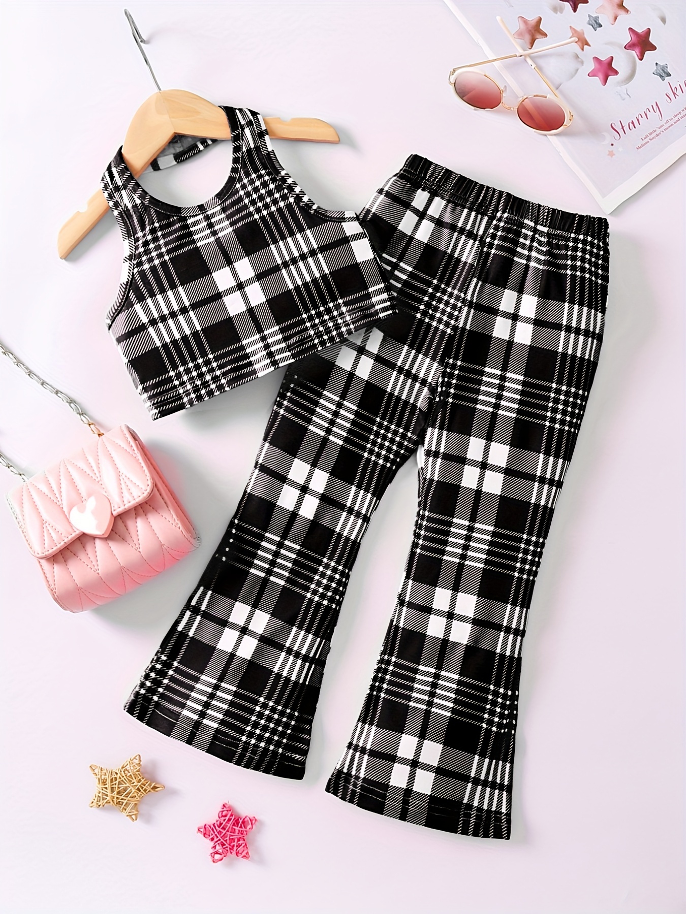 2pcs Girls Outfits Sleevelss Plaid Pattern Cropped Tank Top & Elastic Waist  Bell Bottom Pants Set For Casual Daily Vacation Outwear Kids Summer