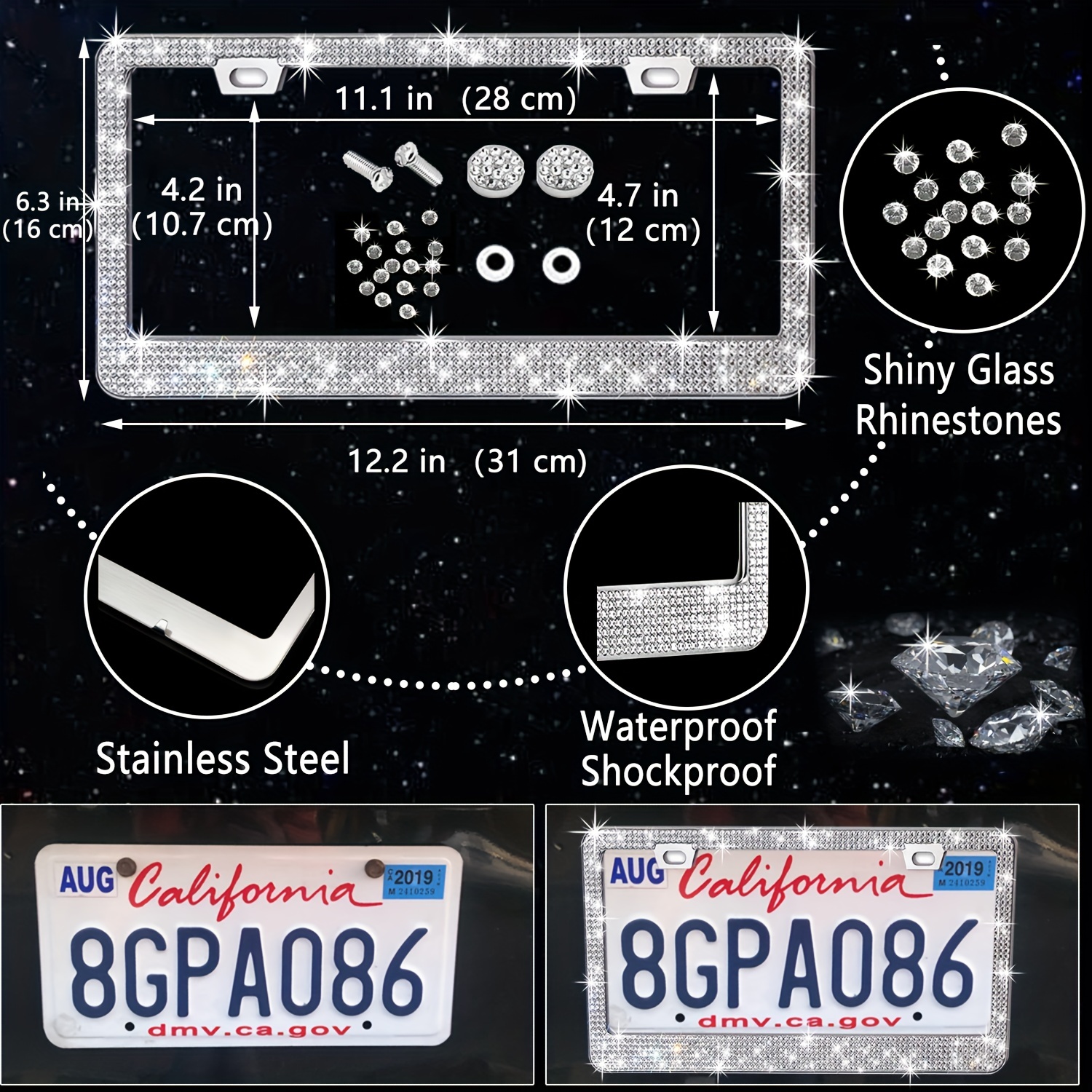 27pcs bling car accessories set for women bling steering wheel covers universal fit 15 inch bling license plate frame phone holder car coasters details 4