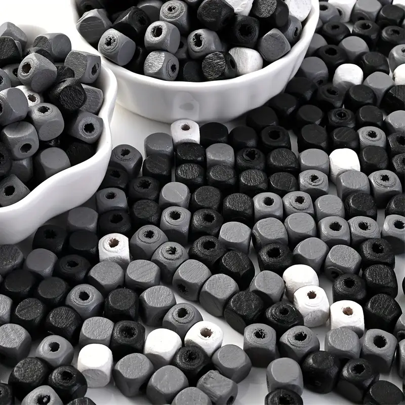 200pcs Square Wooden Beads, Black White Loose Spacer Beads For DIY Jewelry,  Making Handmade Bracelets Accessories