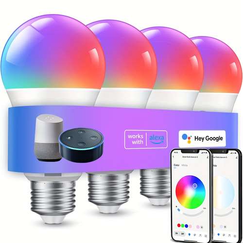 Bombillas inteligentes WiFi inalámbricas 5.0 que cambian de color, sincronización de música, 54 escenas dinámicas, bombillas RGB de 16 millones de colores personalizables, funciona con Alexa, Asistente de Google y para la aplicación Tuya Home