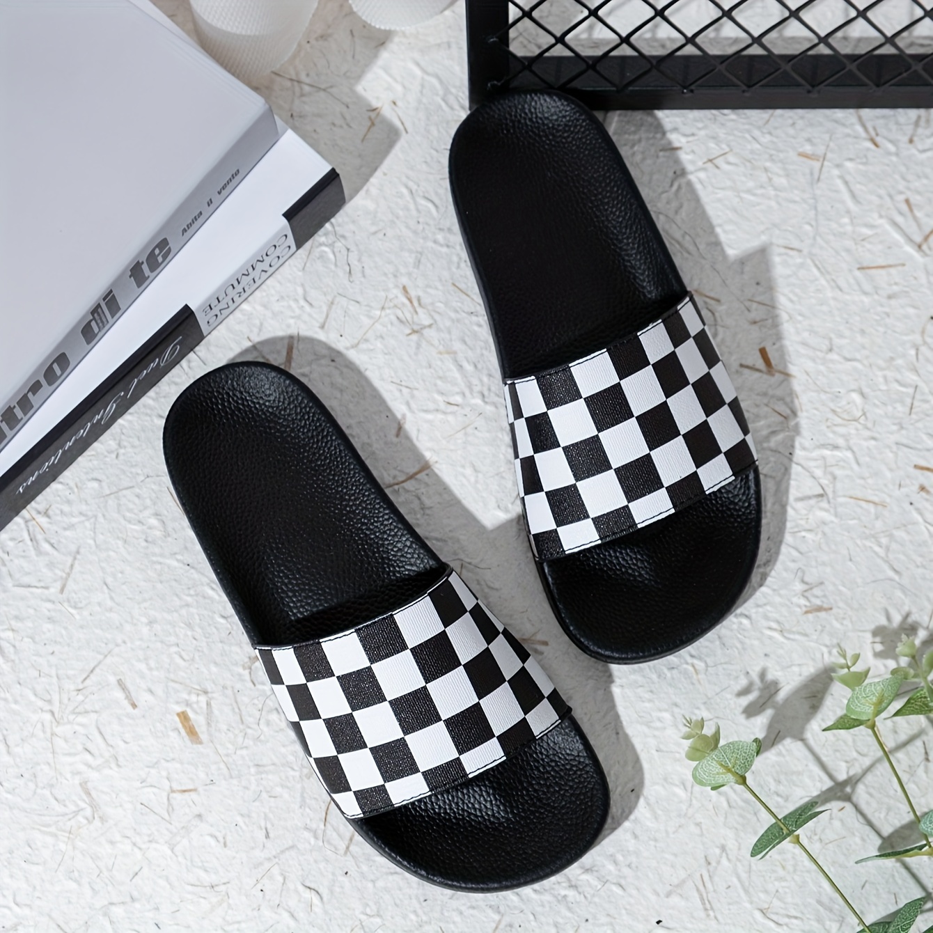 Men's Checkered Design Slides, Casual Non Slip Slippers, Open Toe