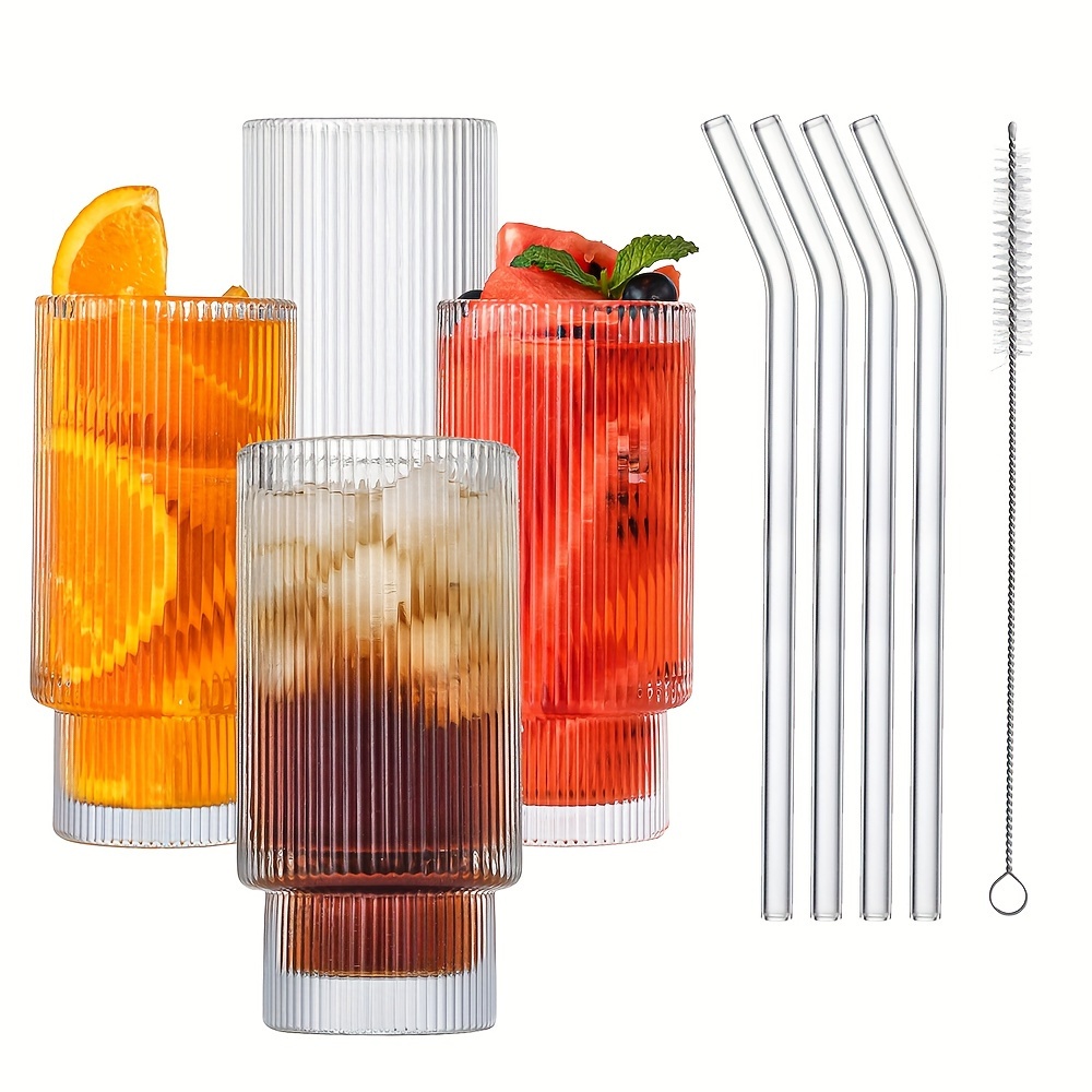 Vertical Stripes Glass Cup Set, Origami Style Drinking Glasses With Straws,  High Ball Glasses For Bubble Tea, Cocktail, Suitable For Smoothies, Juice  And Coffee - Temu Australia