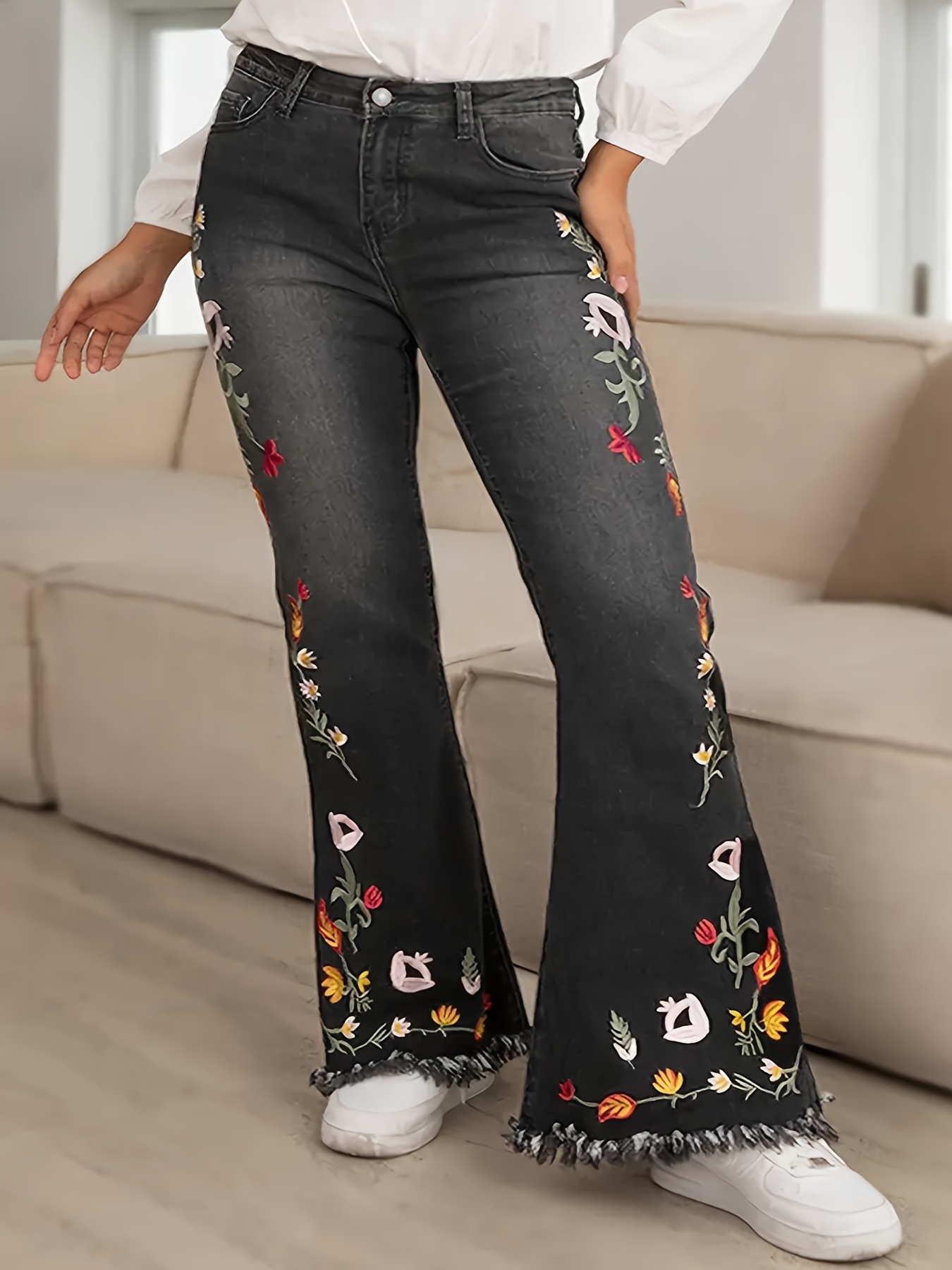 Floral Embroidery Stretchy Flare Leg Jeans Medium Washed - Temu Mexico