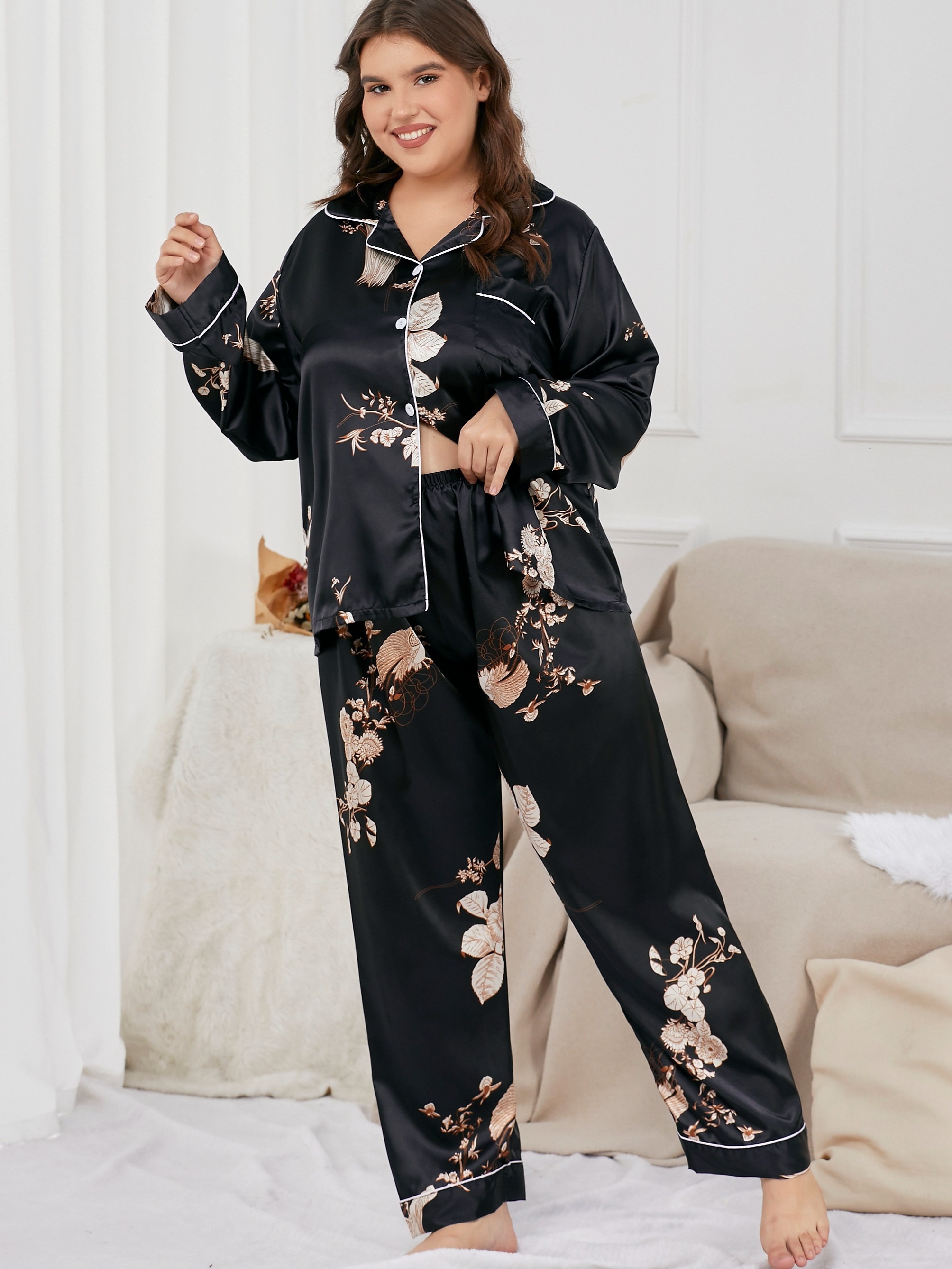 Wowens Plus Pajama Sets Floral Sleepware Lounge Navy Blue 5XL