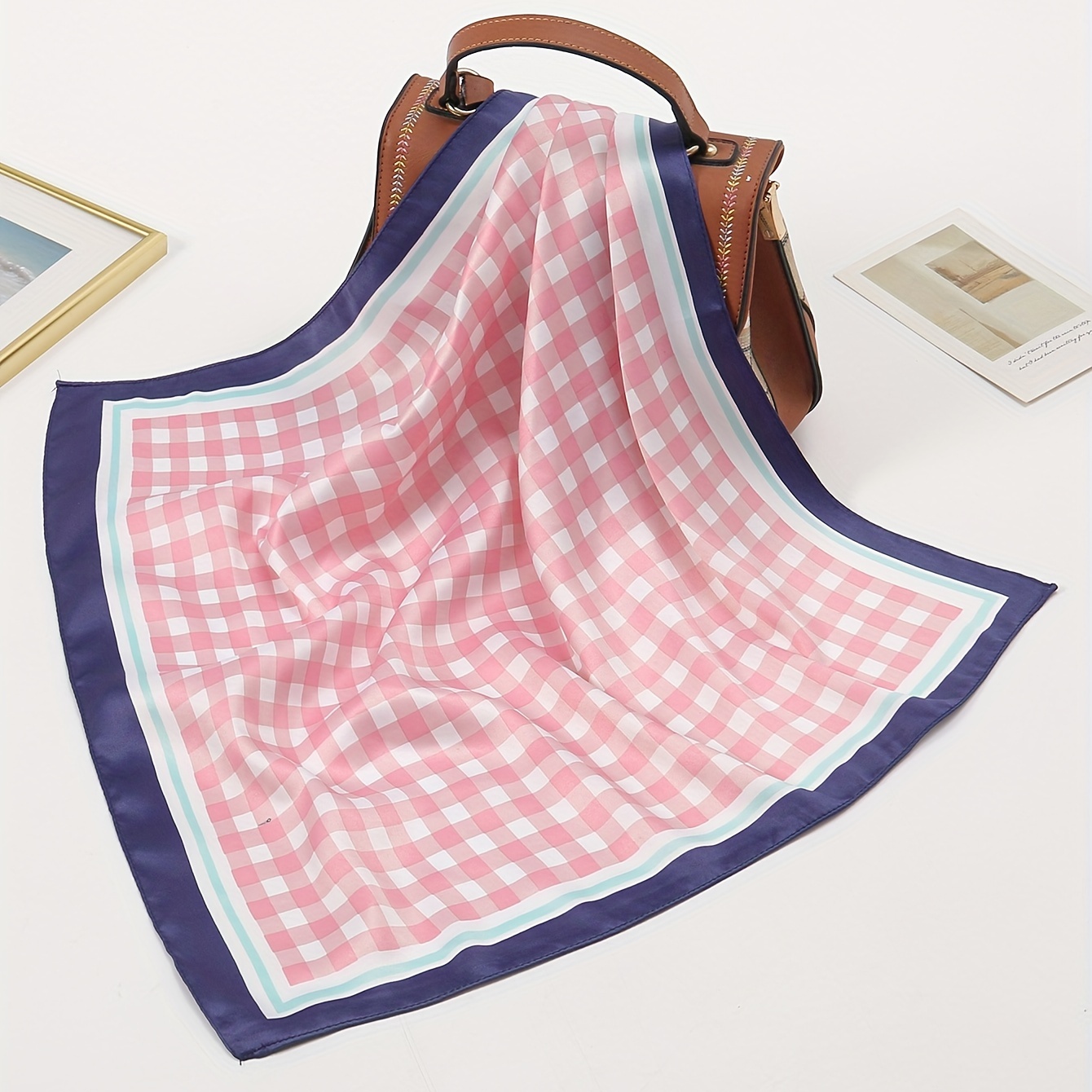 

Pink Plaid Print Square Scarf Classic Bandana Neckerchief Elegant Headwrap Hair Accessories