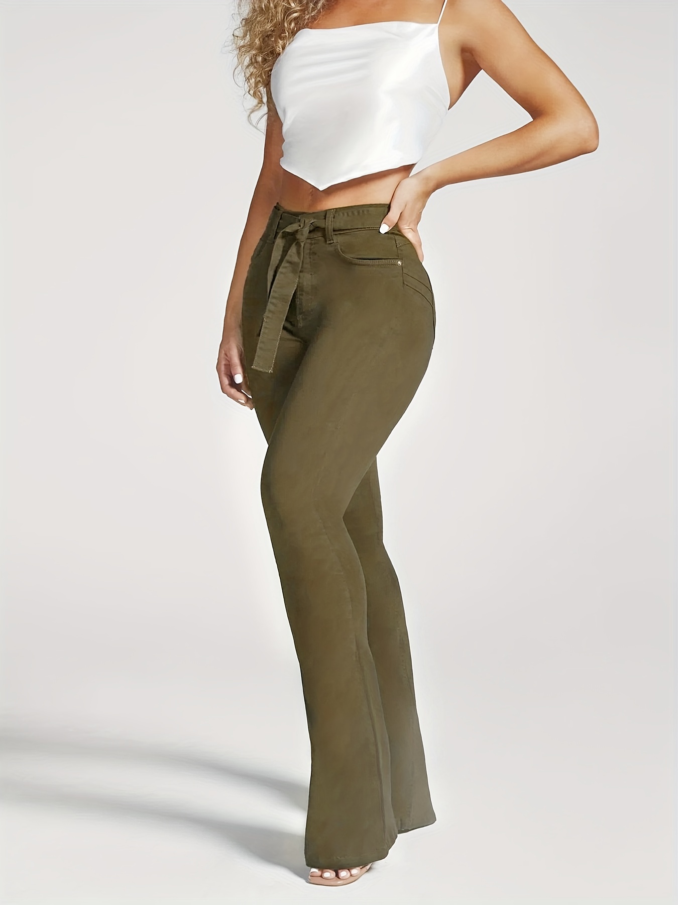 Tie Belt Olive Green Bootcut Jeans, High Stretch Mid Waist Solid Color Bell  Bottoms Flare Vintage Y2K Denim Pants, Women's Denim Jeans & Clothing