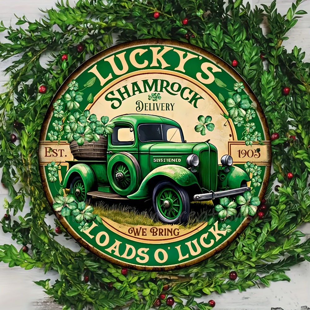 

1pc, Lucky Clover Metal Tin Sign, Vintage Plaque Decor, Round Metal Plaque, Wreath Sign, Hanging Plaque, Wall/room/home/restaurant/bar/cafe/door/courtyard/garage Decor